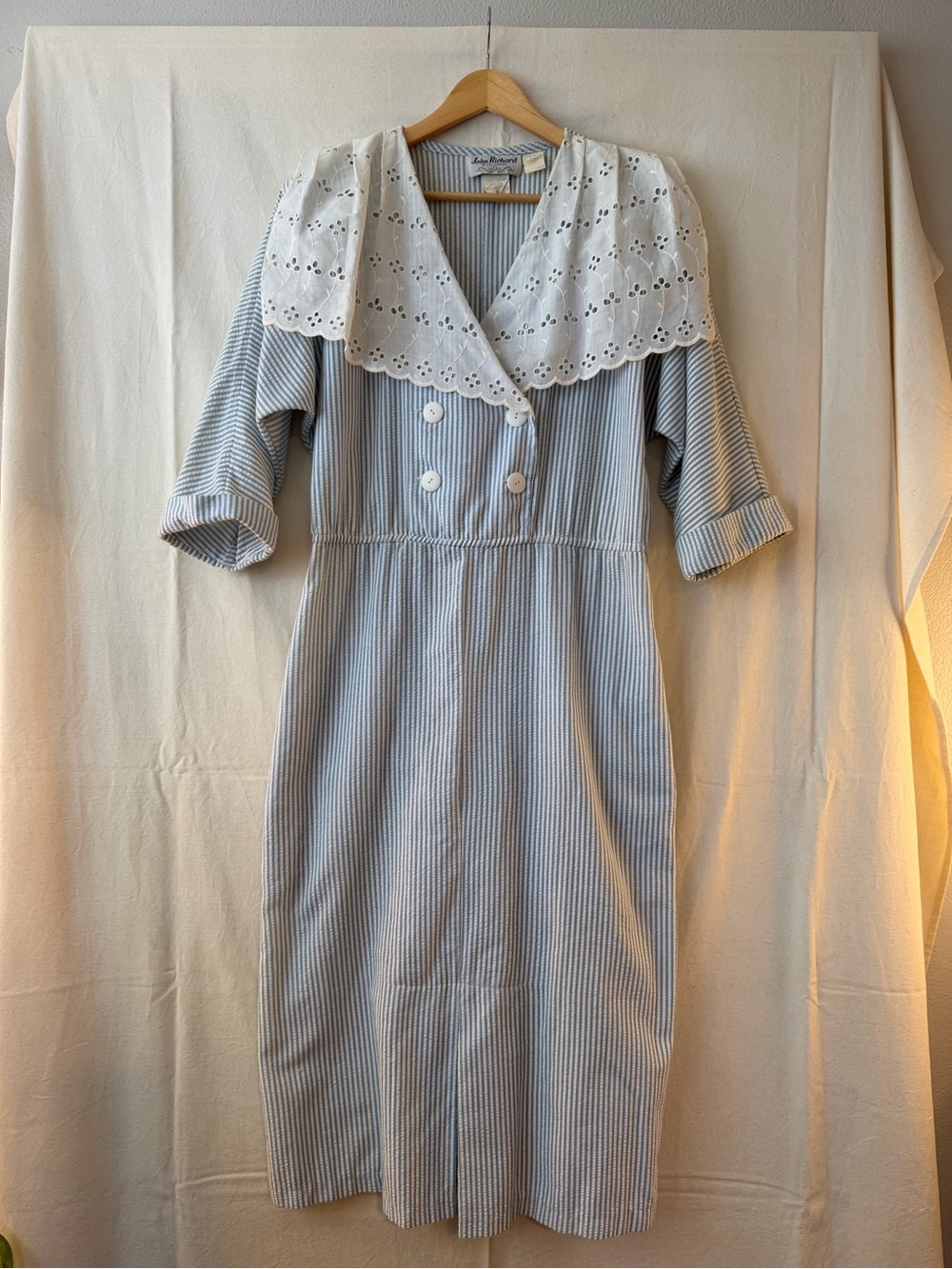 Vintage Seersucker Blue Striped Midi Dress with White Eyelet Collar